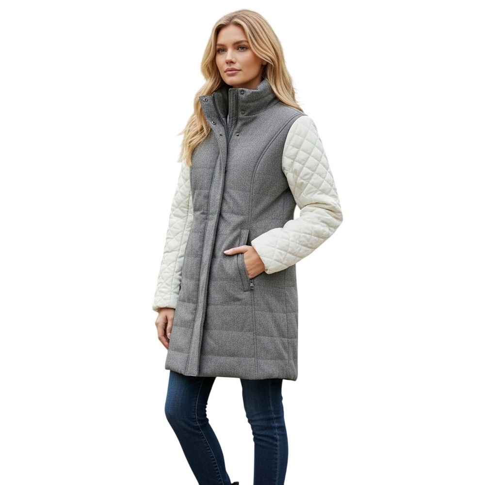 Prana Diva Long Jacket Womens XS Gray Herringbone Cream Quilted Primaloft Coat